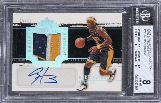 2003-04 UD "Exquisite Collection" Noble Nameplates #AH Al Harrington Signed Game Used Patch Card (#25/25) - BGS NM-MT 8/BGS 10